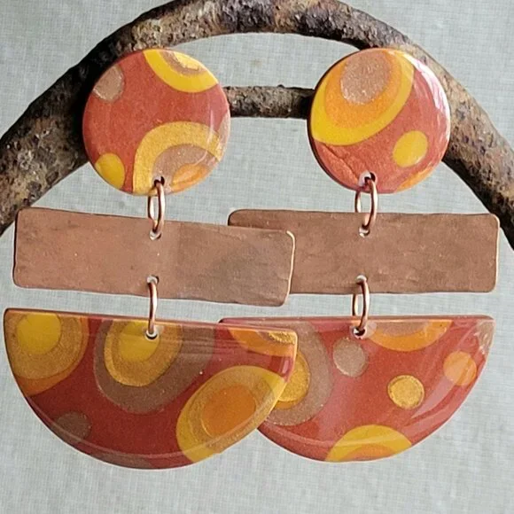 Retro Style Handmade Polymer Clay and Copper Drop Earrings - Picture 2 of 2